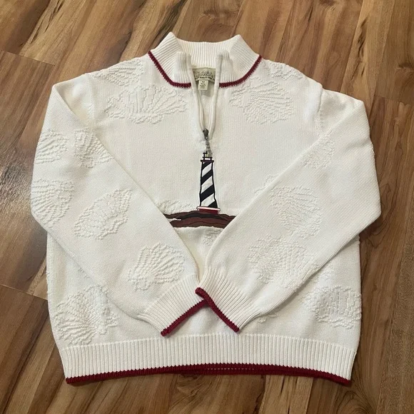 Vintage 90s Cabela’s cotton lighthouse embossed half-zip sweater nautical - Picture 2 of 8